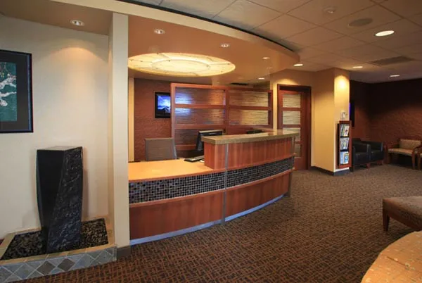 Front desk and waiting area at Fisher Jones Family Dentistry